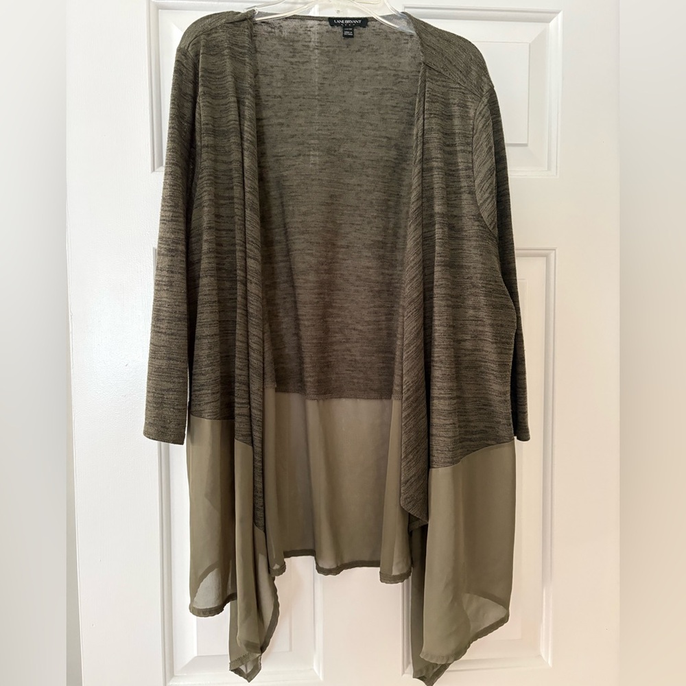 Lane Bryant Olive Green Knit Cardigan with Chiffon Hem